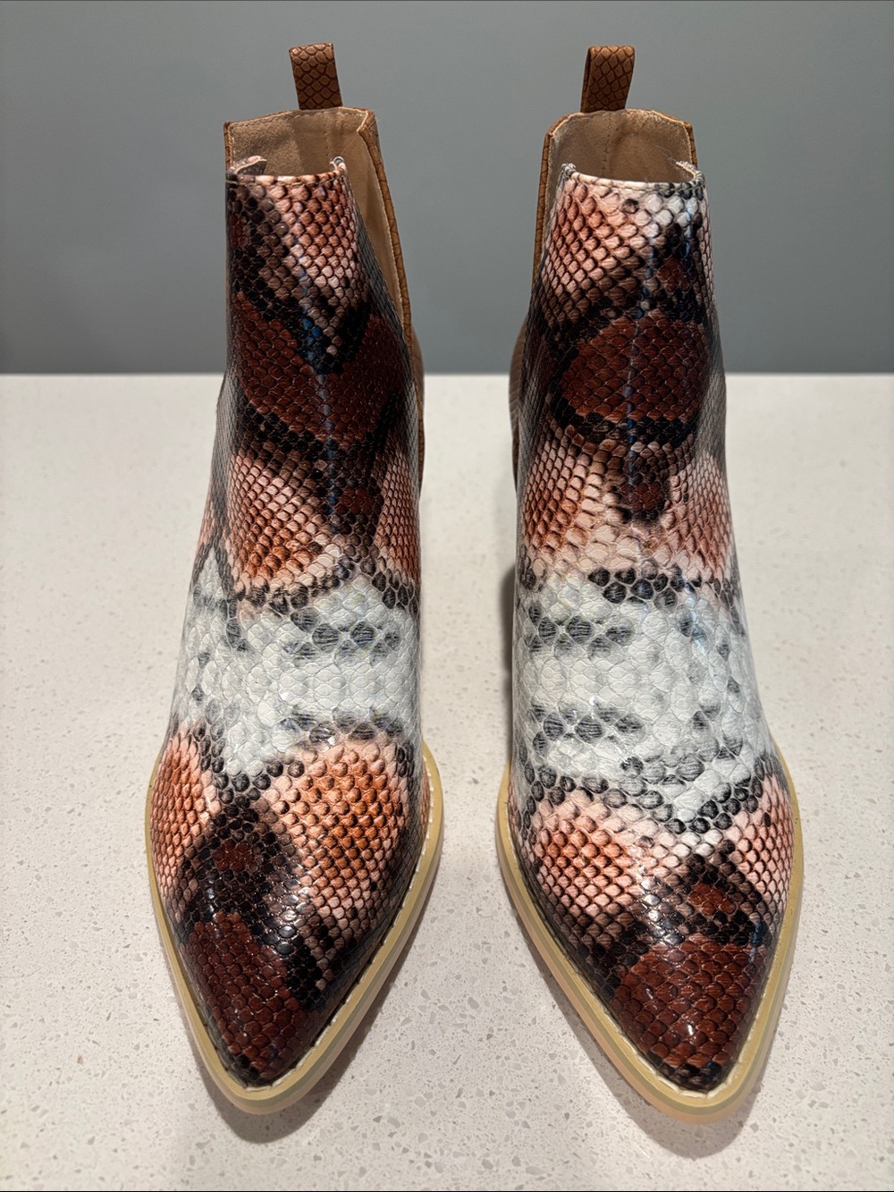 Women’s Snake-Print Pointed Toe Ankle Boots - Brown/White